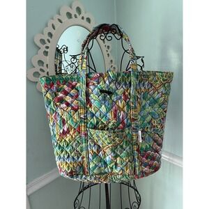 Cuddledown Large Quilted Floral Tote Bag Carryall Overnight Green Pink